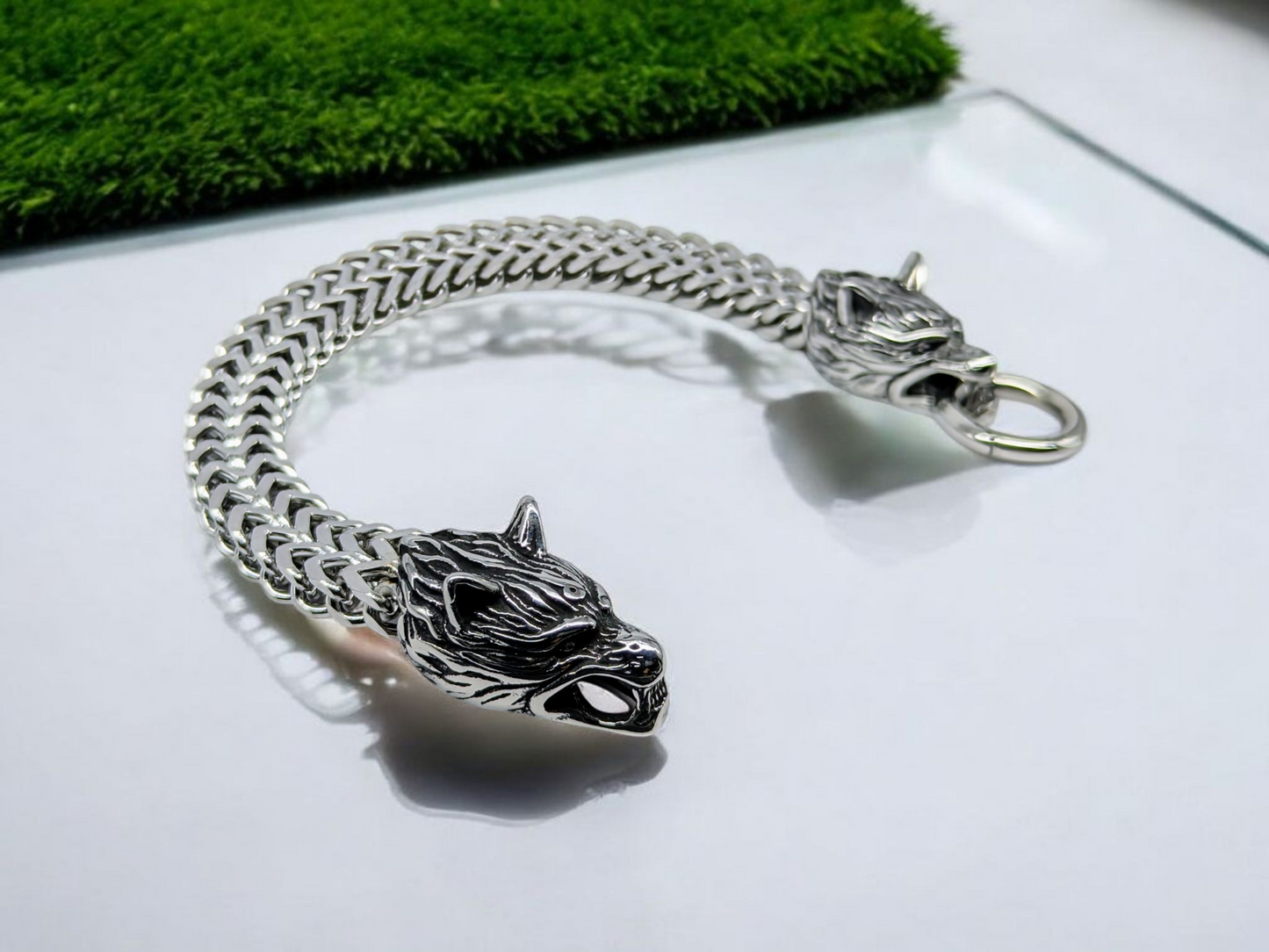 Oxidized Double Wolf Steel Bracelet - 23cm