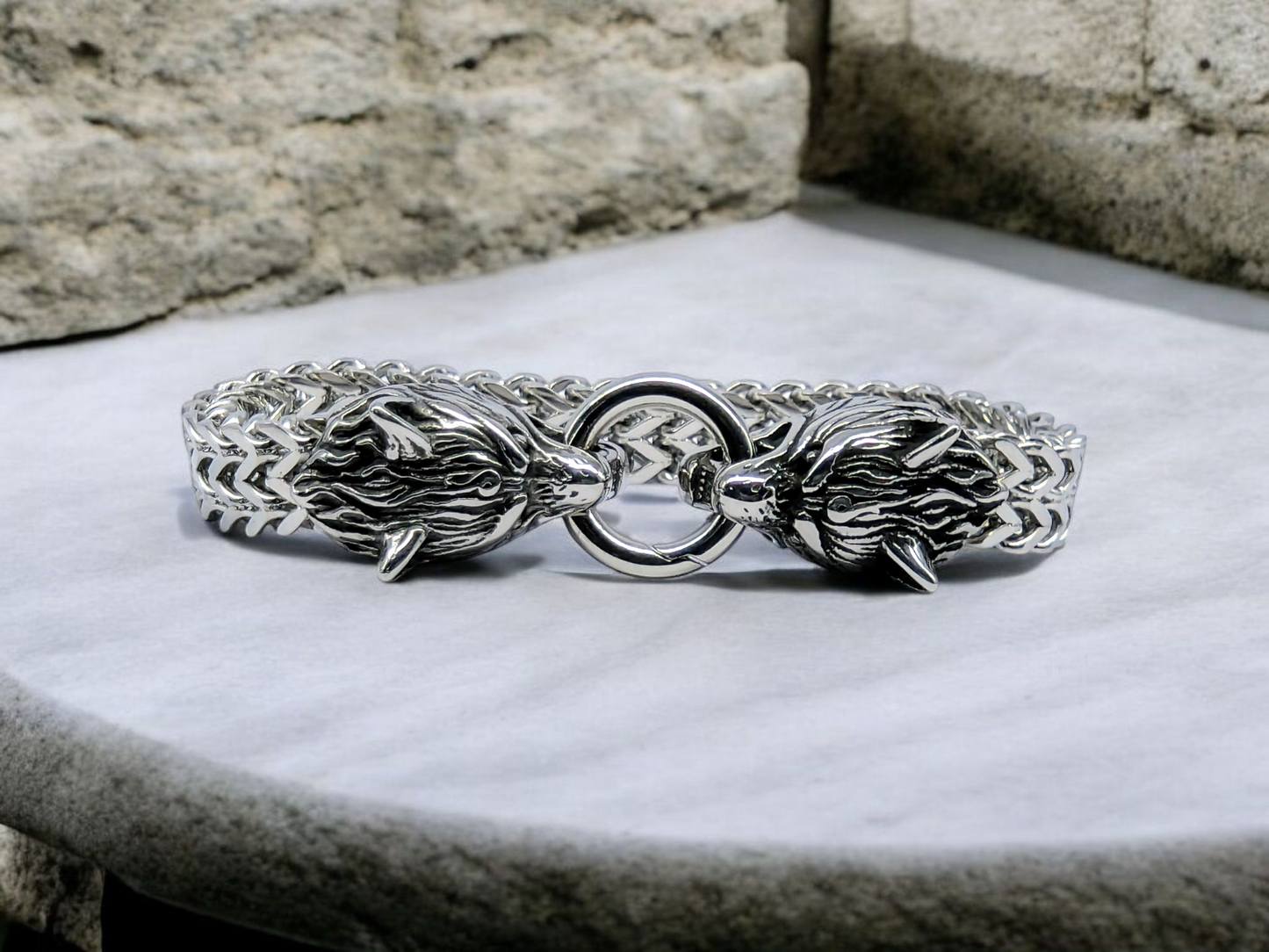 Oxidized Double Wolf Steel Bracelet - 23cm