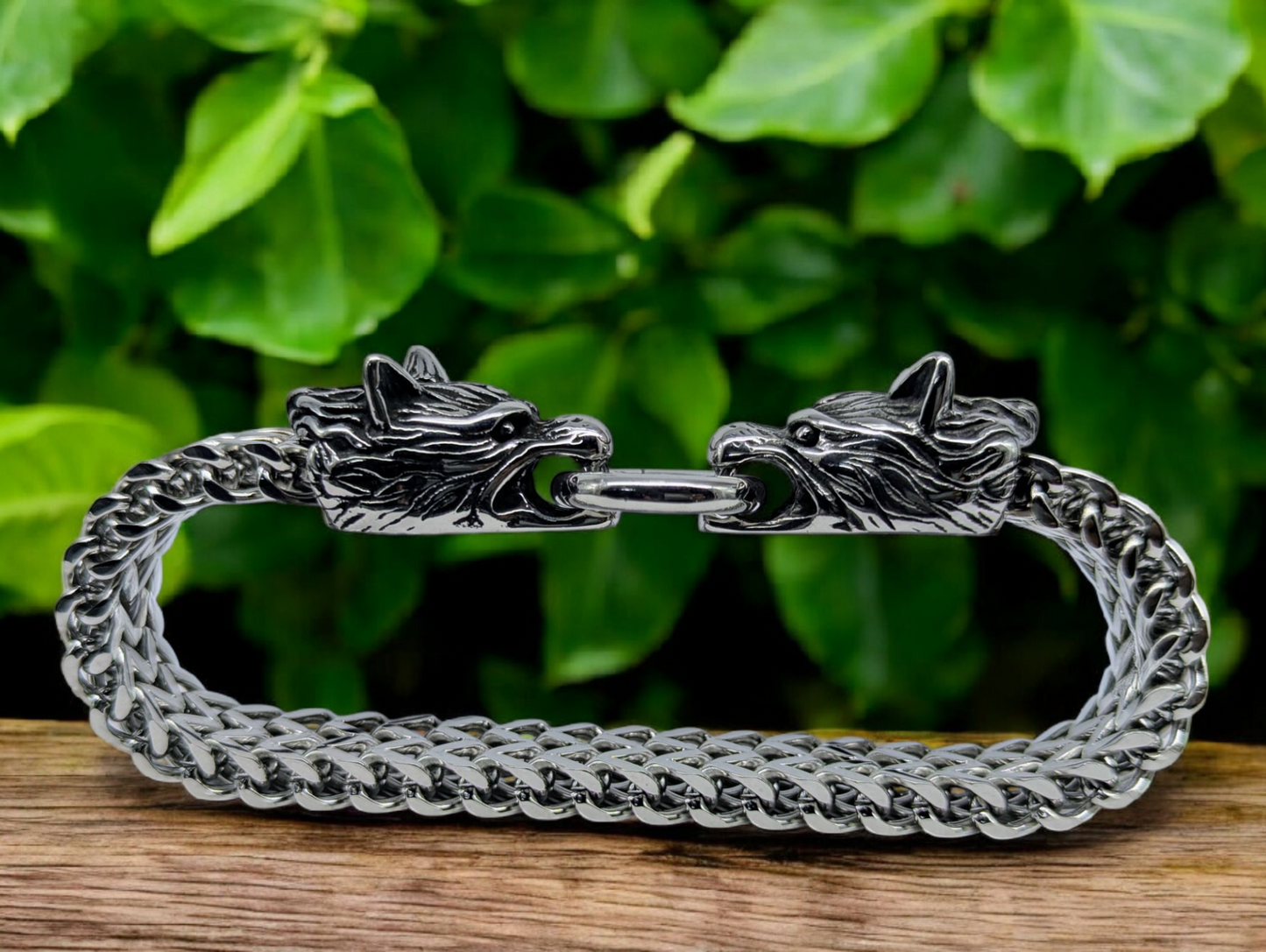 Oxidized Double Wolf Steel Bracelet - 23cm
