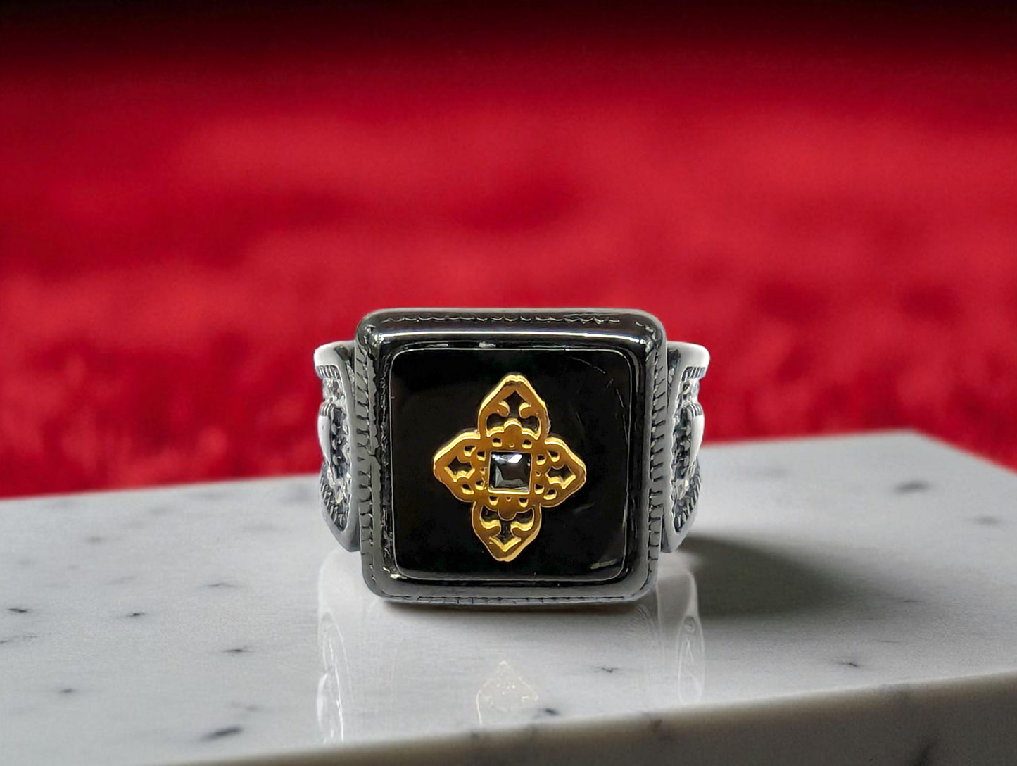 Black Onyx & Golden Emblem Signet Ring