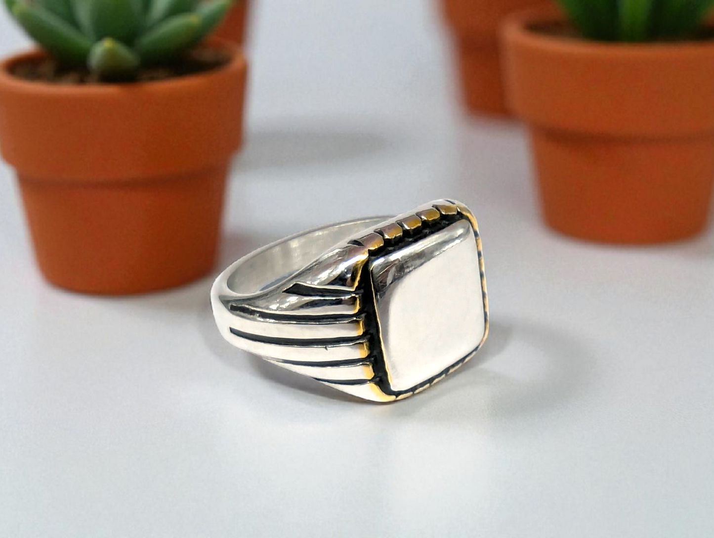 Silver & Gold-Edge Square Signet Ring
