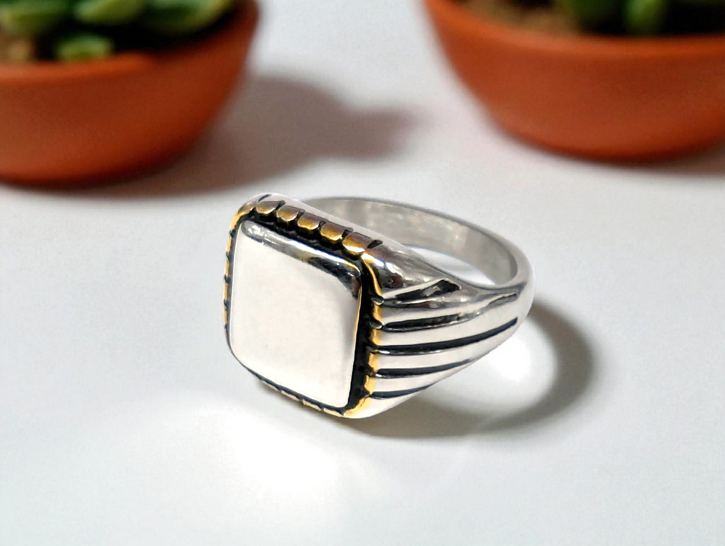Silver & Gold-Edge Square Signet Ring