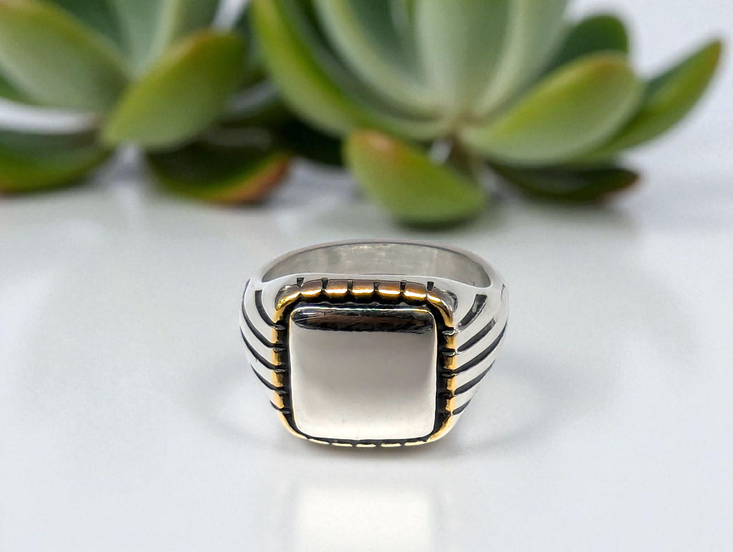 Silver & Gold-Edge Square Signet Ring