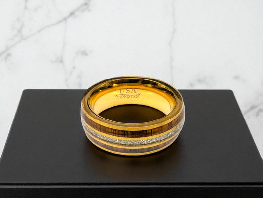 Triple-Tone Wood Inlay Tungsten Ring