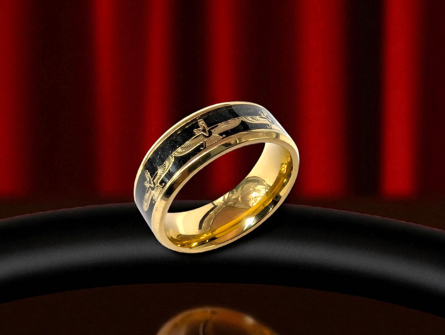Golden Black Engraved Tungsten Ring
