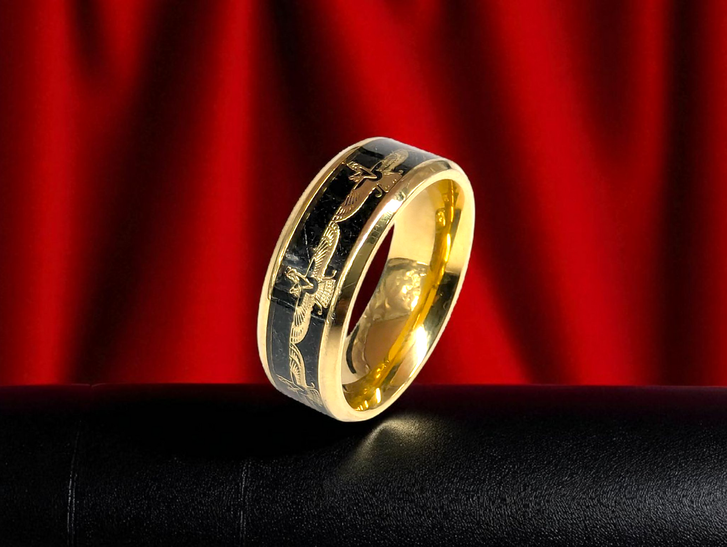 Golden Black Engraved Tungsten Ring