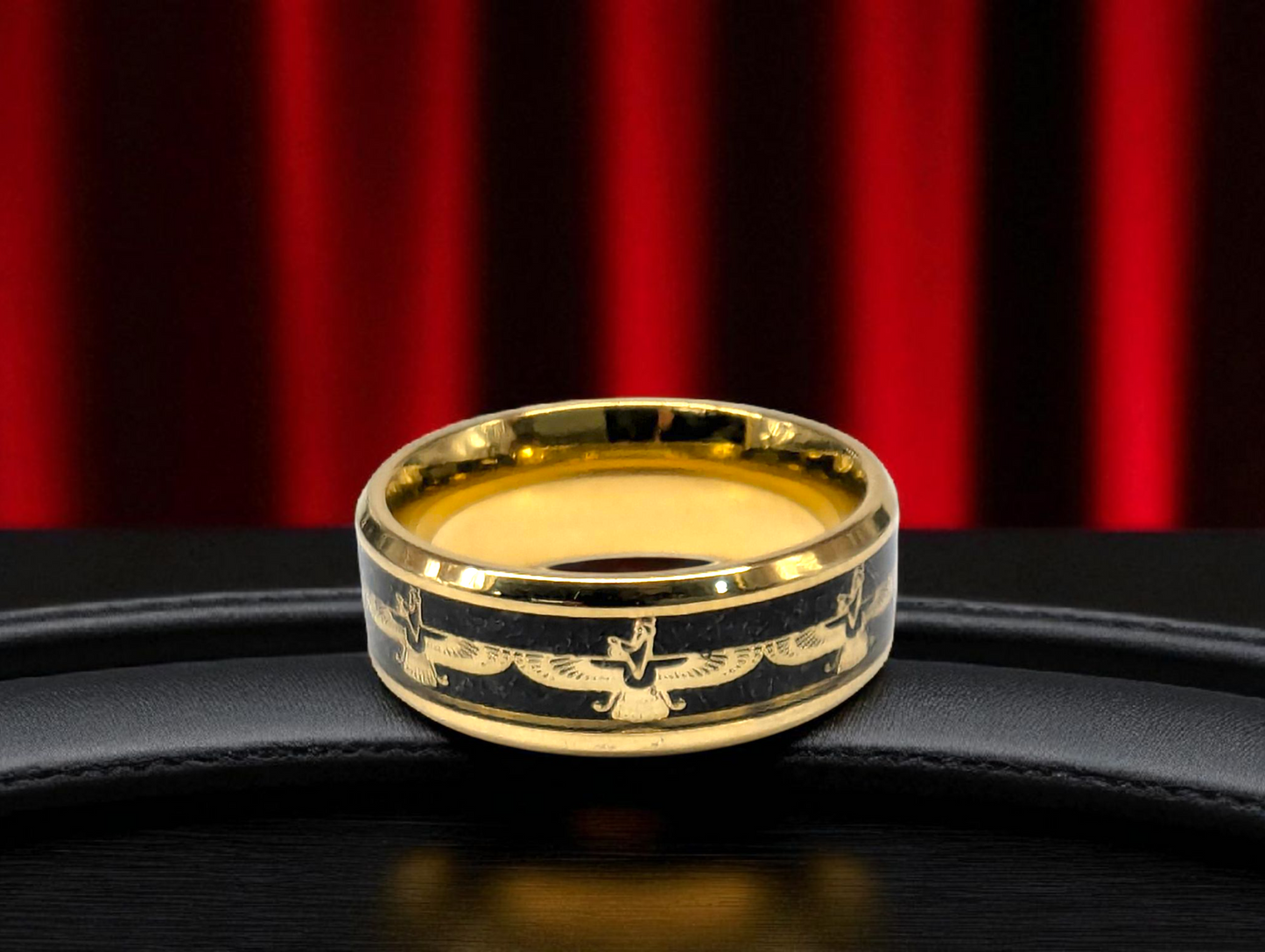 Golden Black Engraved Tungsten Ring