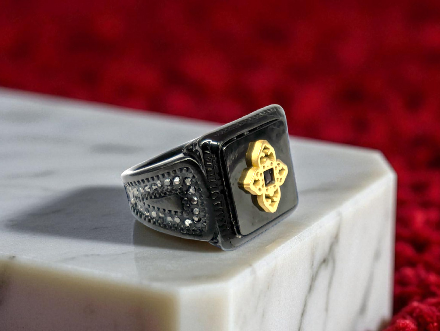 Black Onyx & Golden Emblem Signet Ring