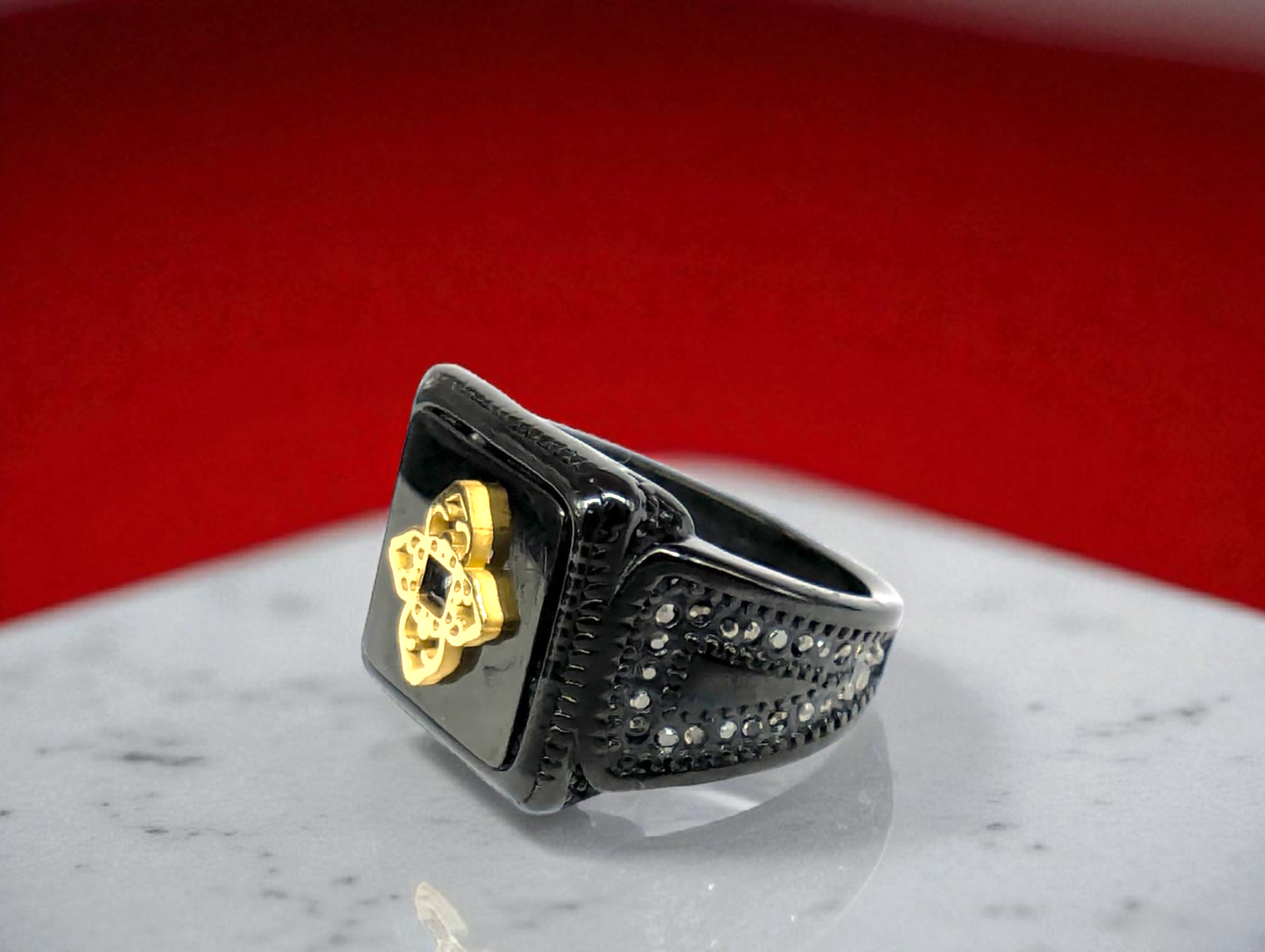 Black Onyx & Golden Emblem Signet Ring