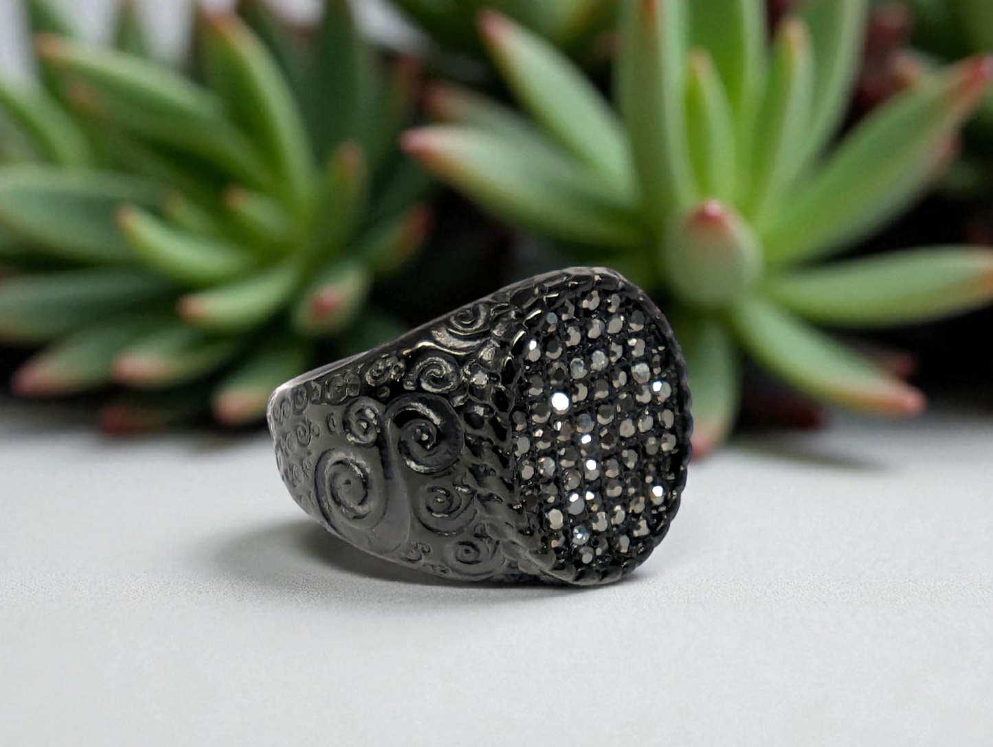 Black Crystal Swirl Statement Ring