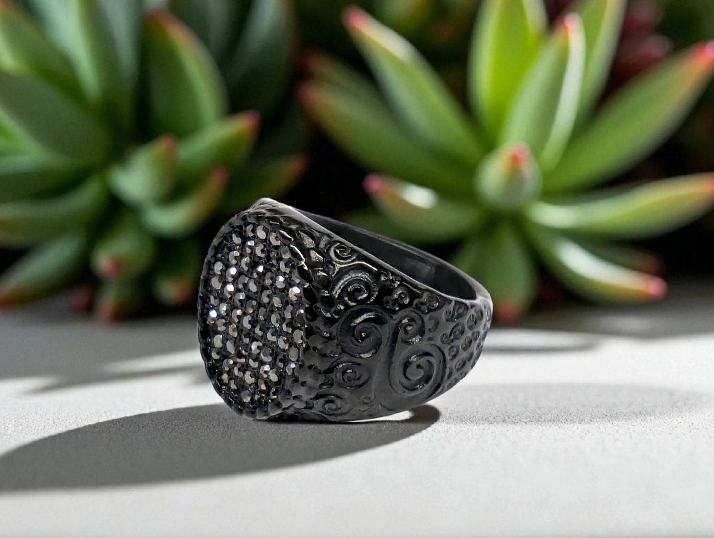 Black Crystal Swirl Statement Ring