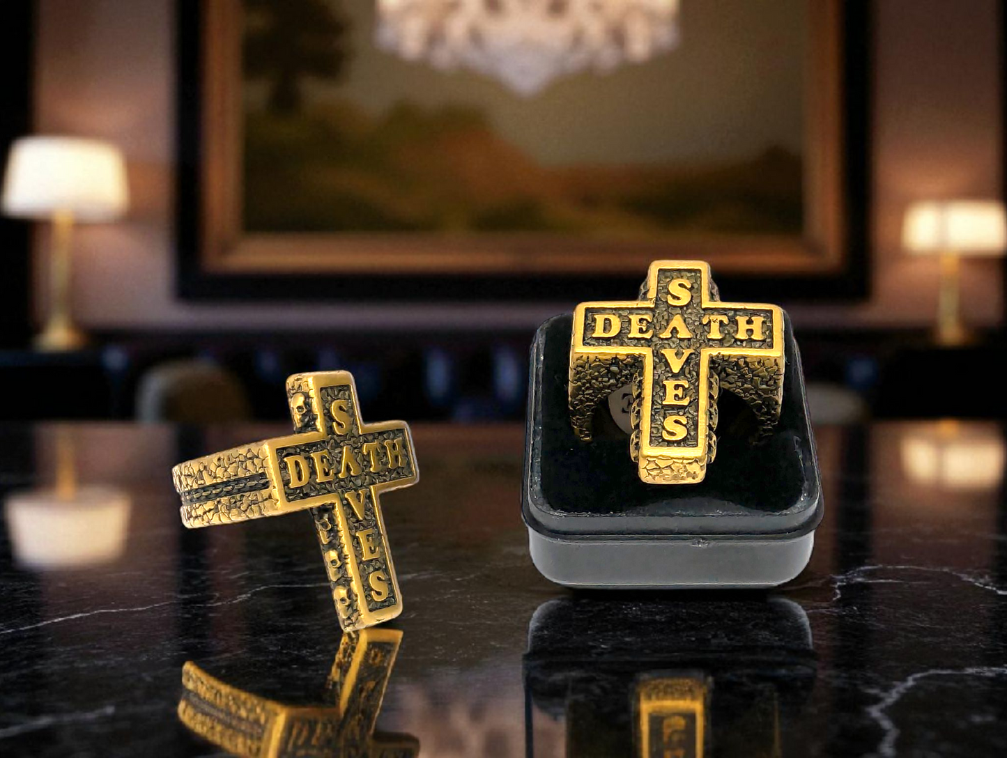 Gold Cross “Death Saves” Statement Ring