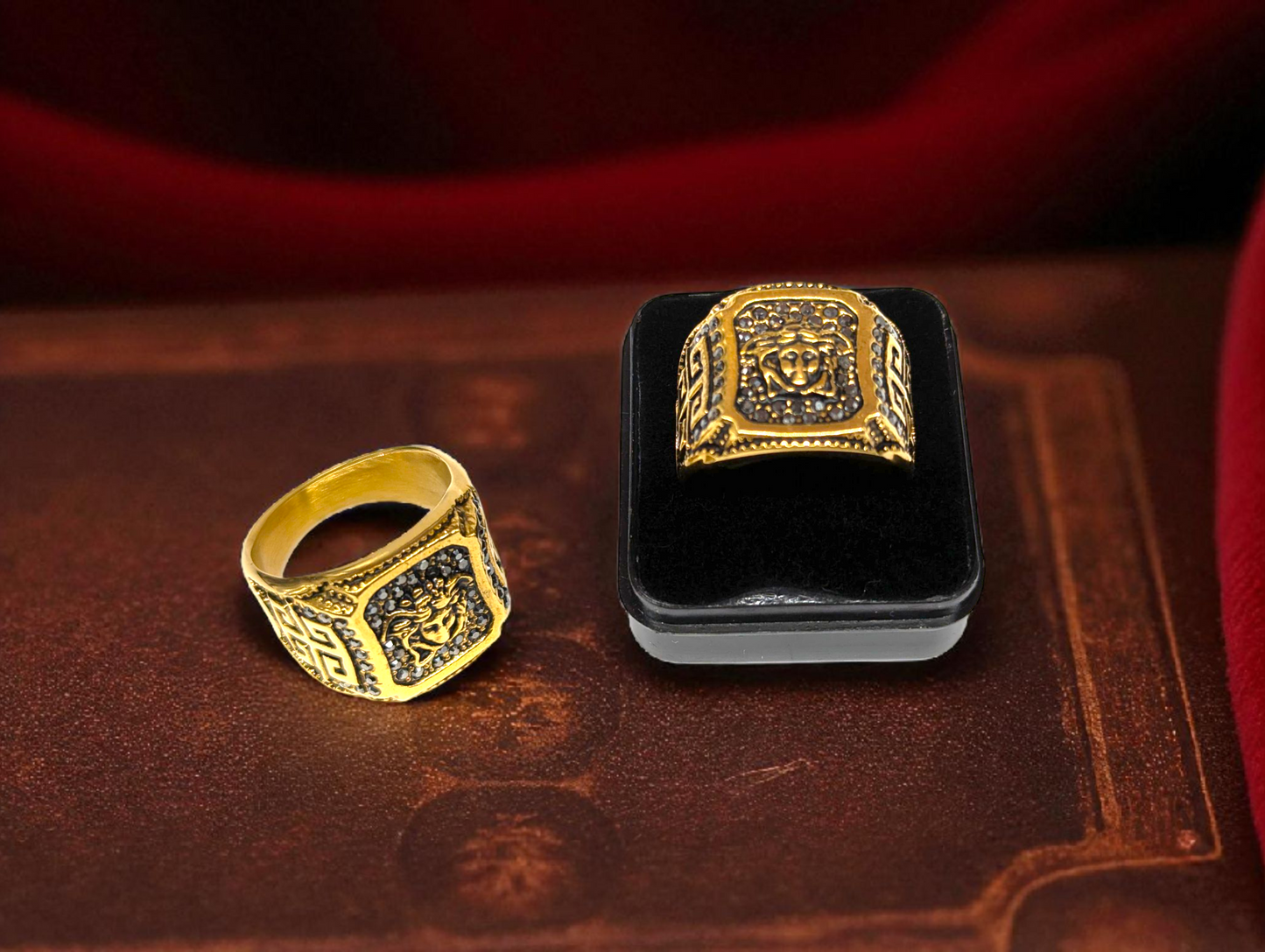 Gold Medusa Crest Statement Ring