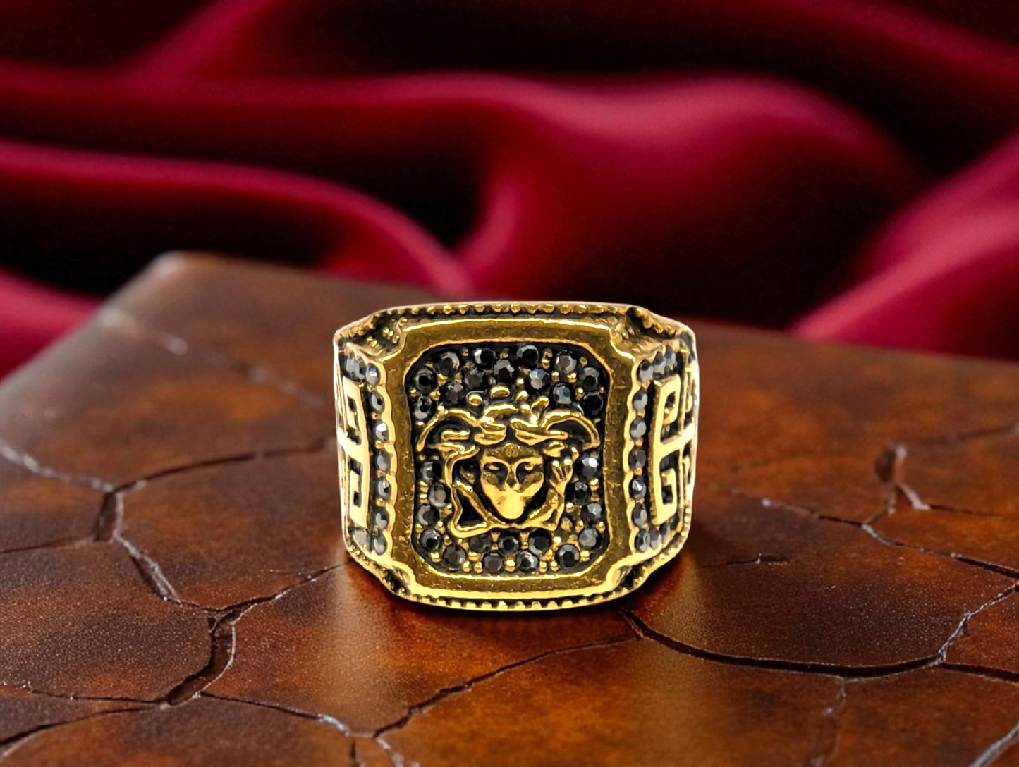 Gold Medusa Crest Statement Ring
