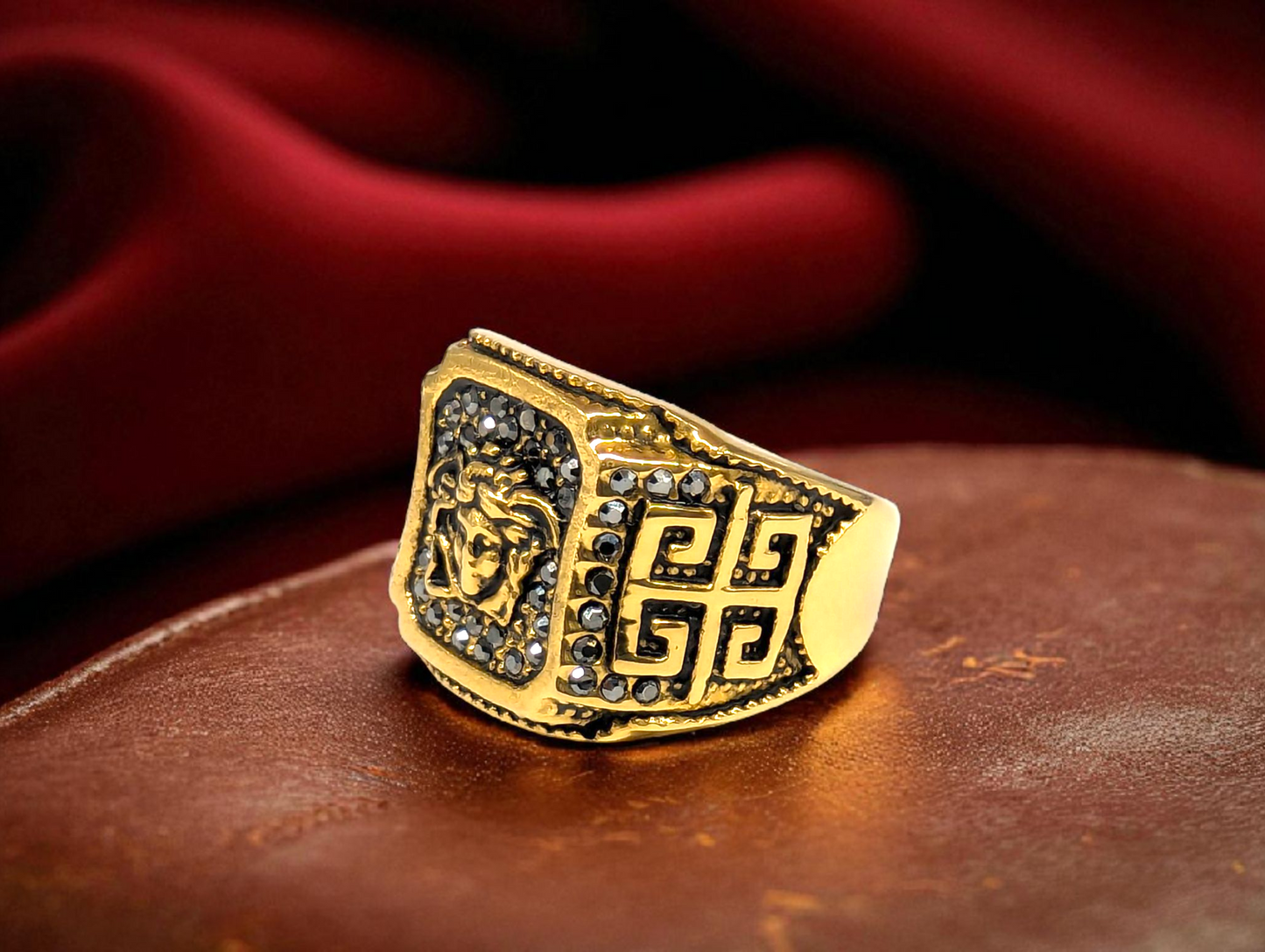 Gold Medusa Crest Statement Ring