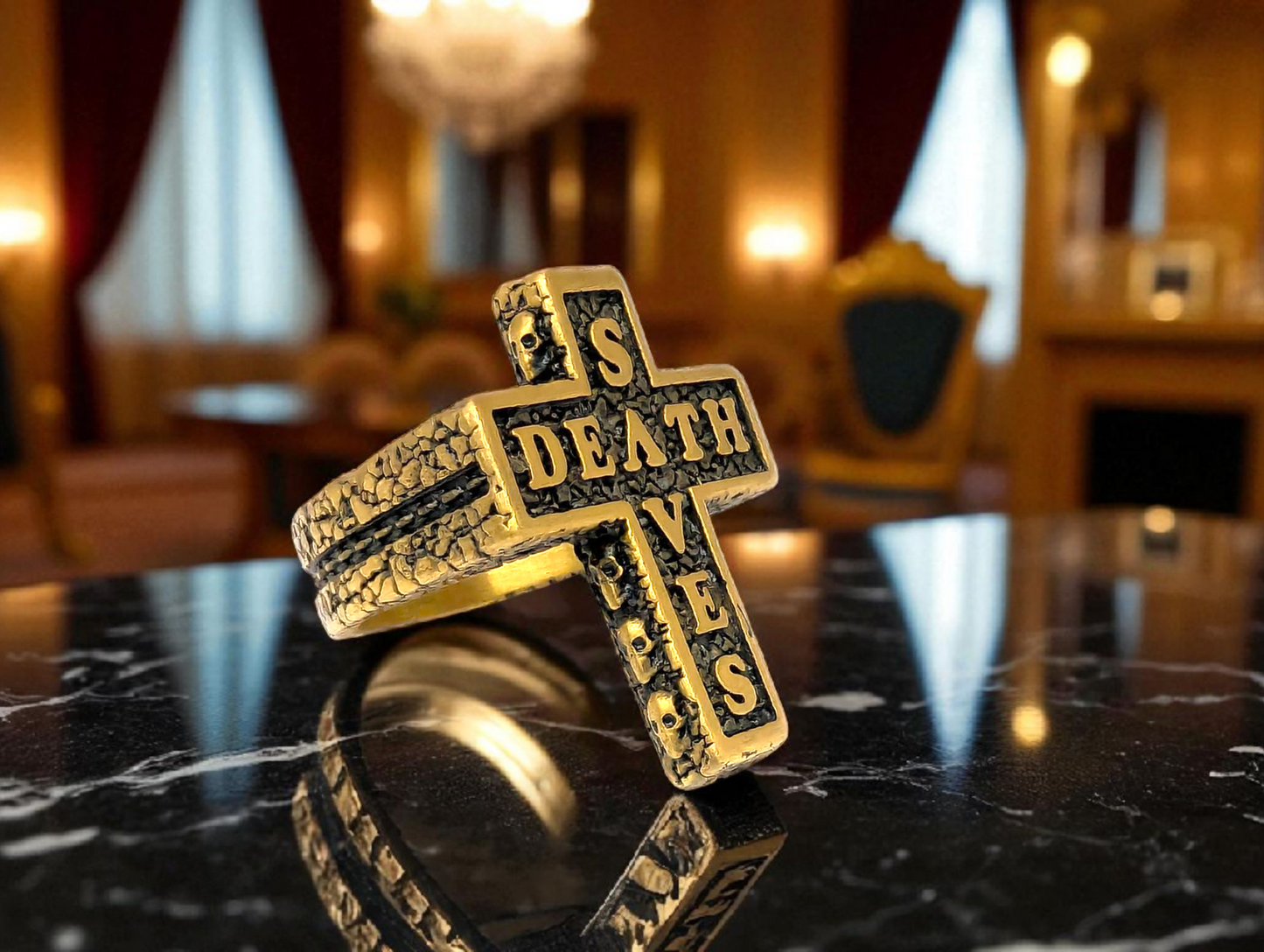Gold Cross “Death Saves” Statement Ring