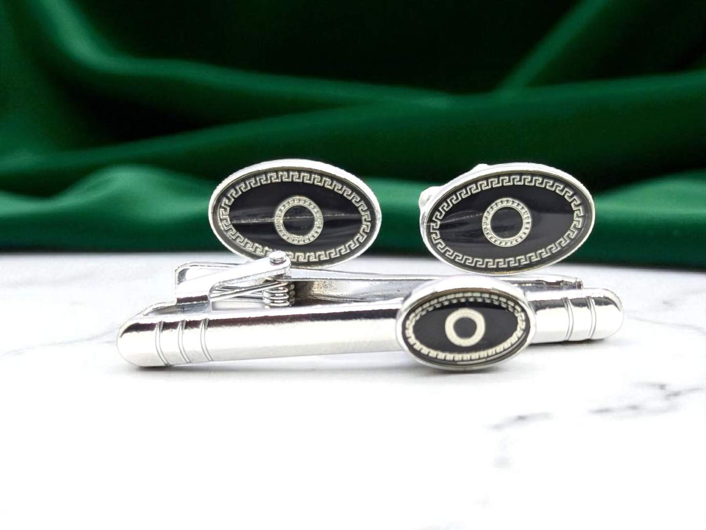 Silver Black Cufflink & Tiepin Set