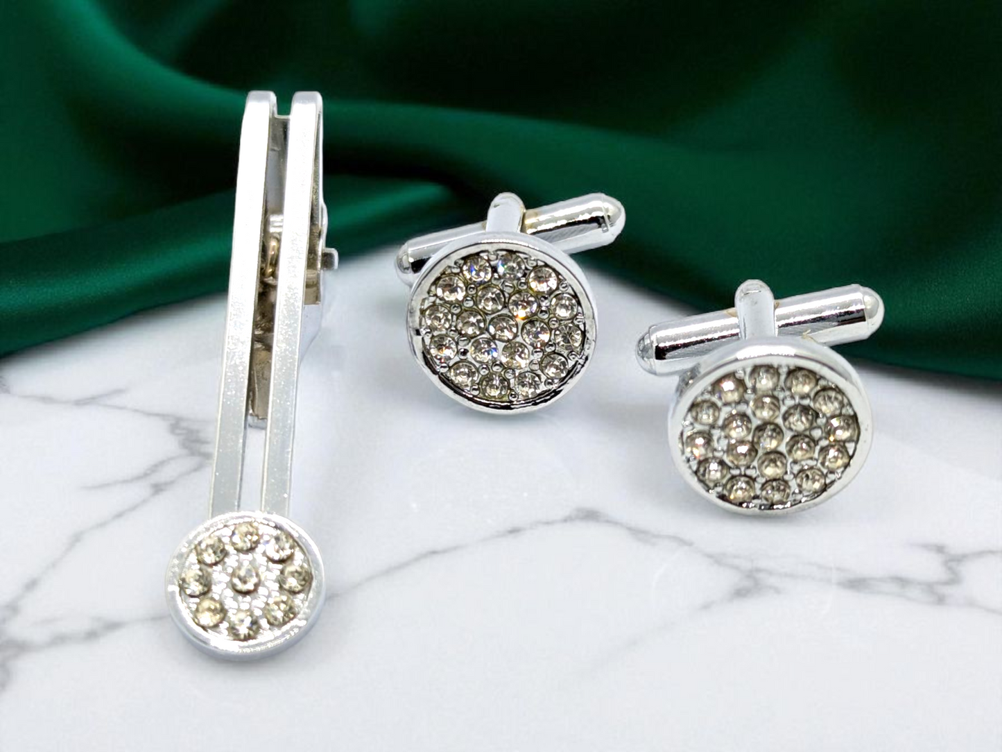 Silver stone round Cufflink & Tiepin Set