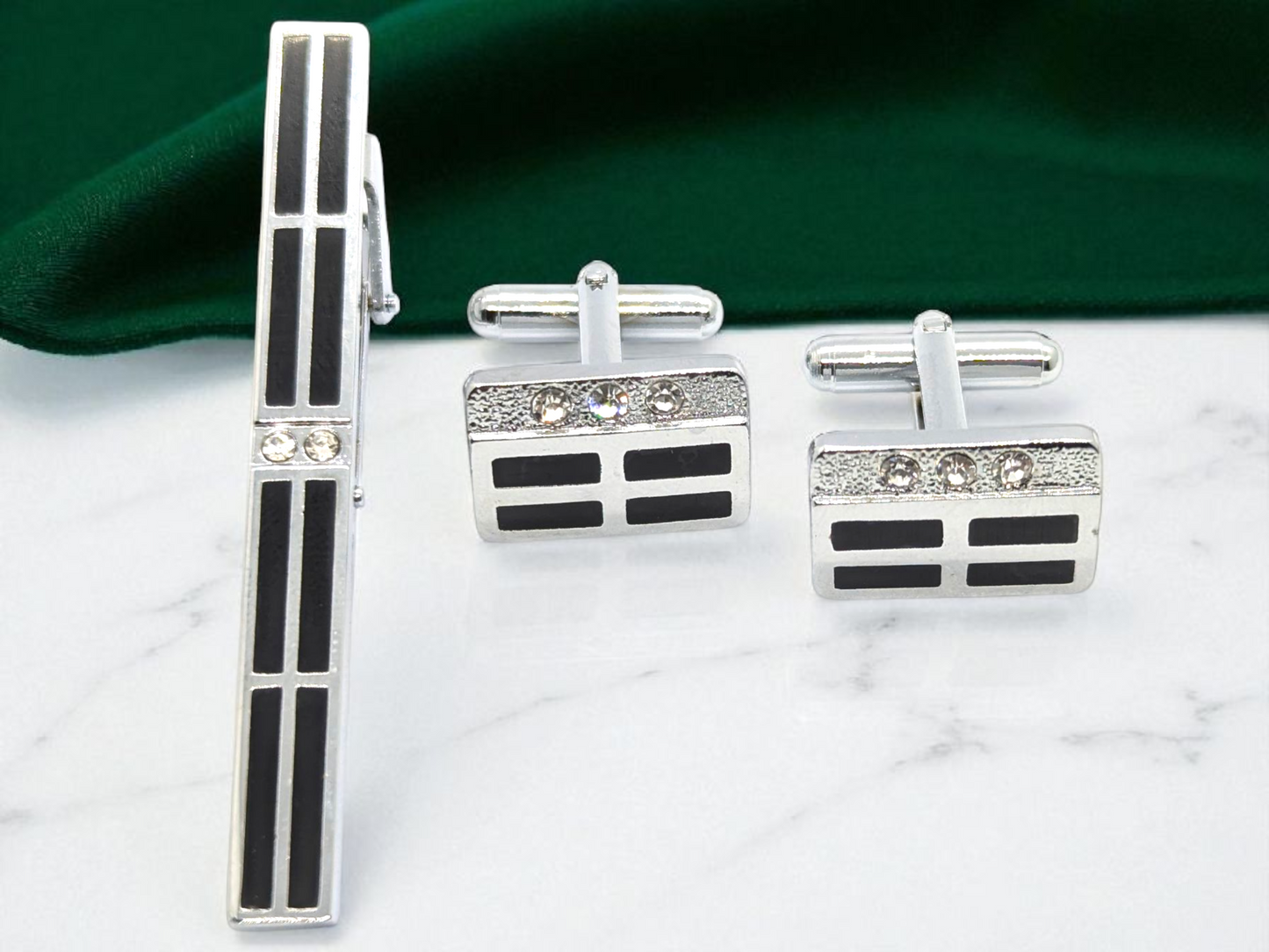 Silver check round Cufflink & Tiepin Set