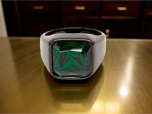Verdant Edge: Black Stainless Steel Ring with Square Green Gemstone