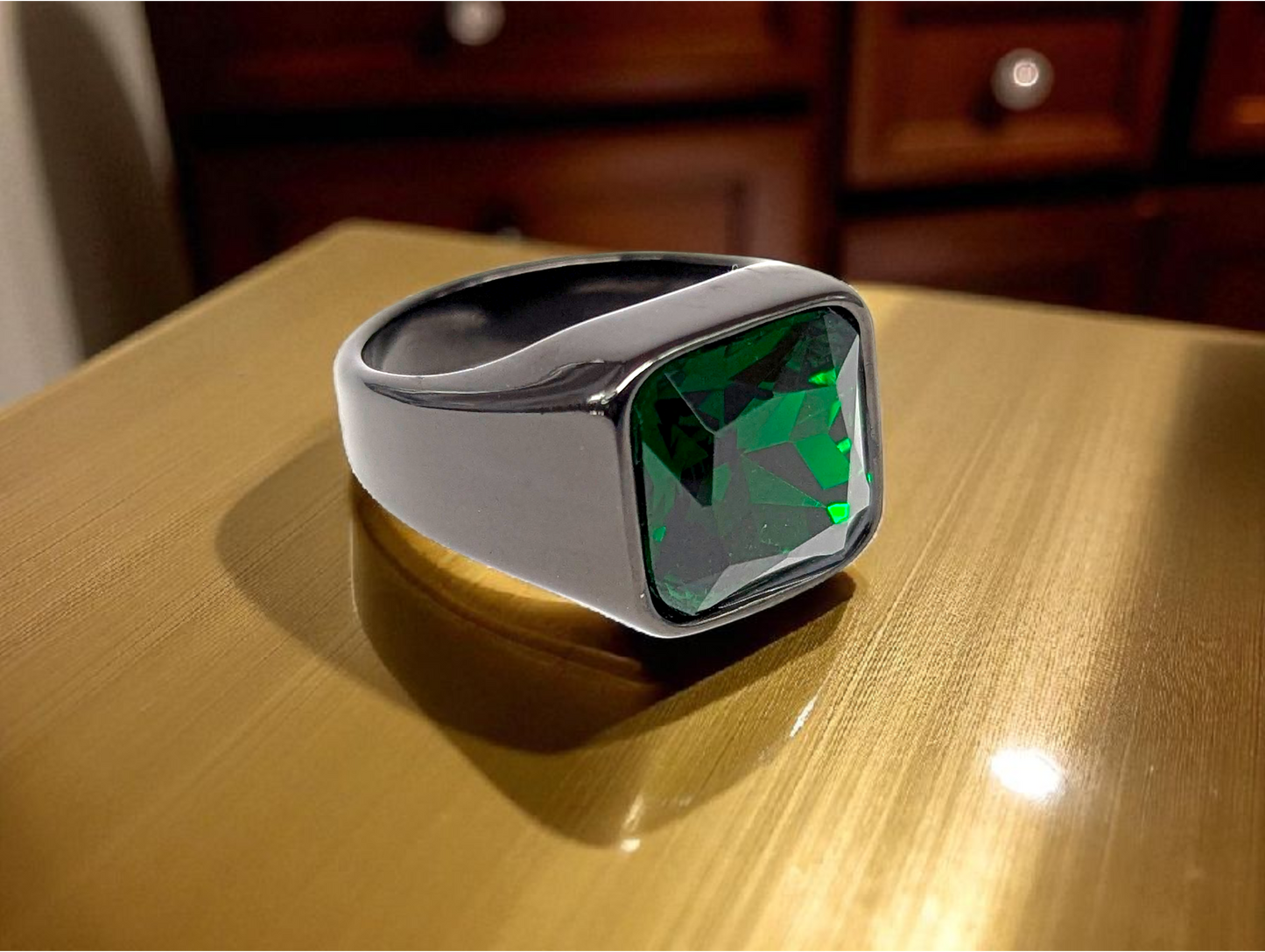 Verdant Edge: Black Stainless Steel Ring with Square Green Gemstone