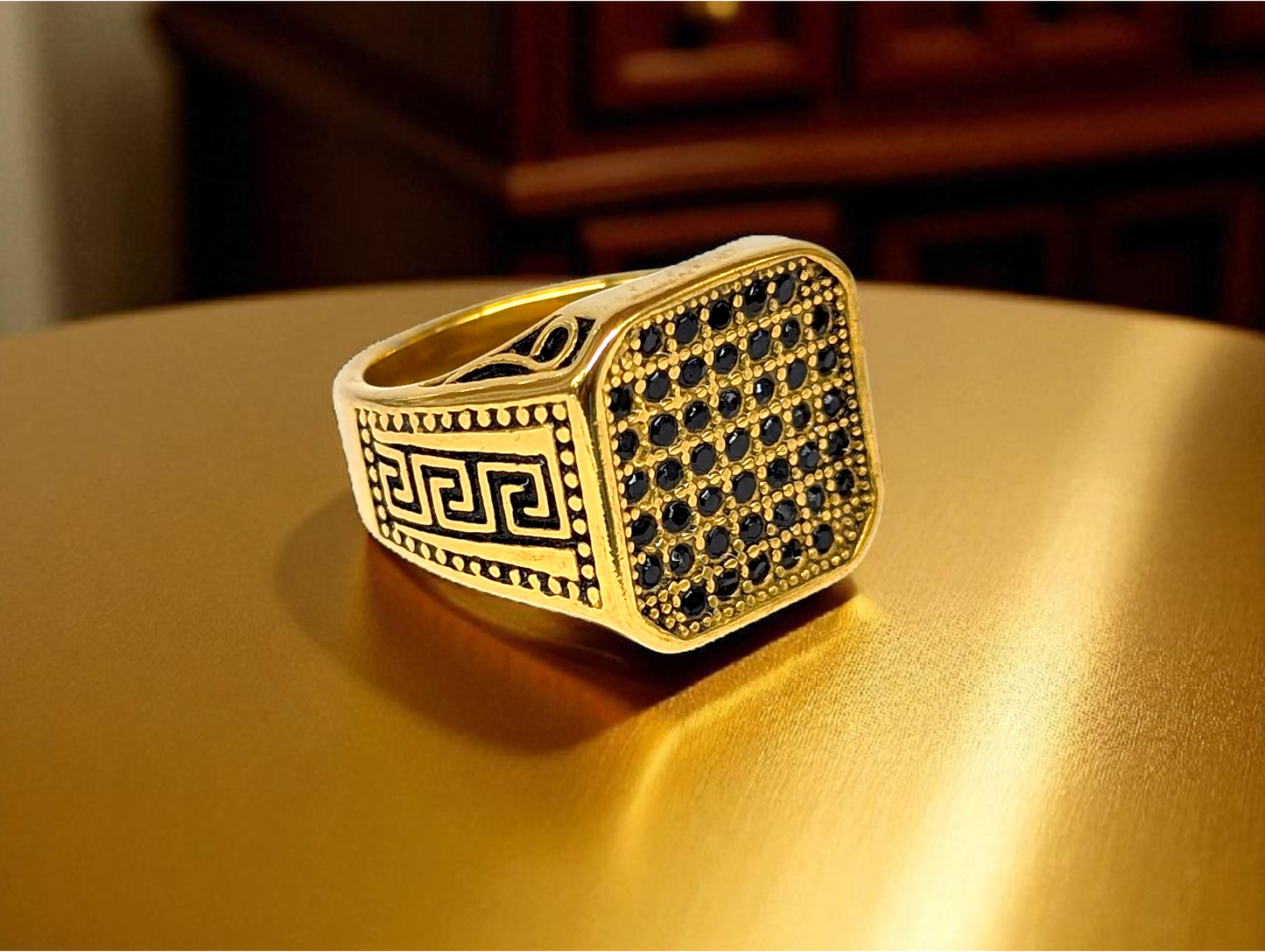 Midnight Heritage: Gold Ring with Dark Gemstones & Greek Key Design