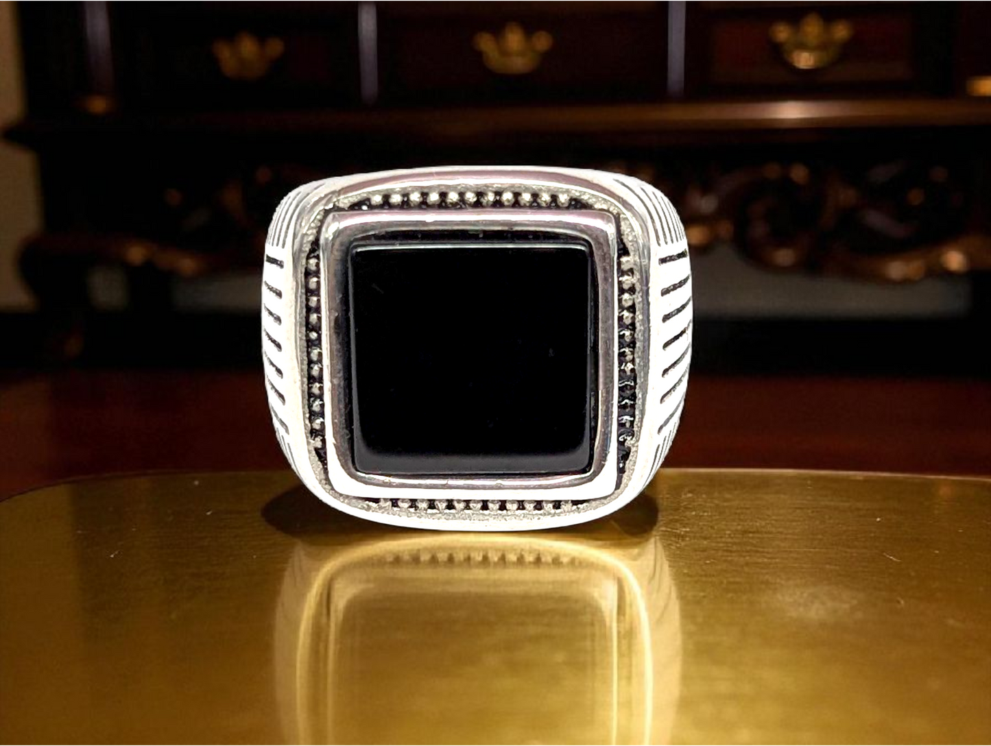 Midnight Valor: Silver Ring with Black Stone