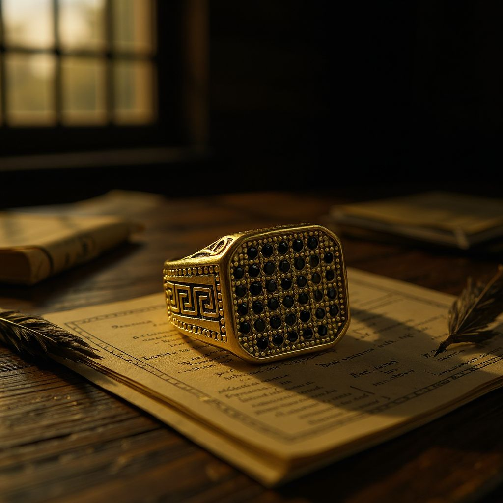Midnight Heritage: Gold Ring with Dark Gemstones & Greek Key Design