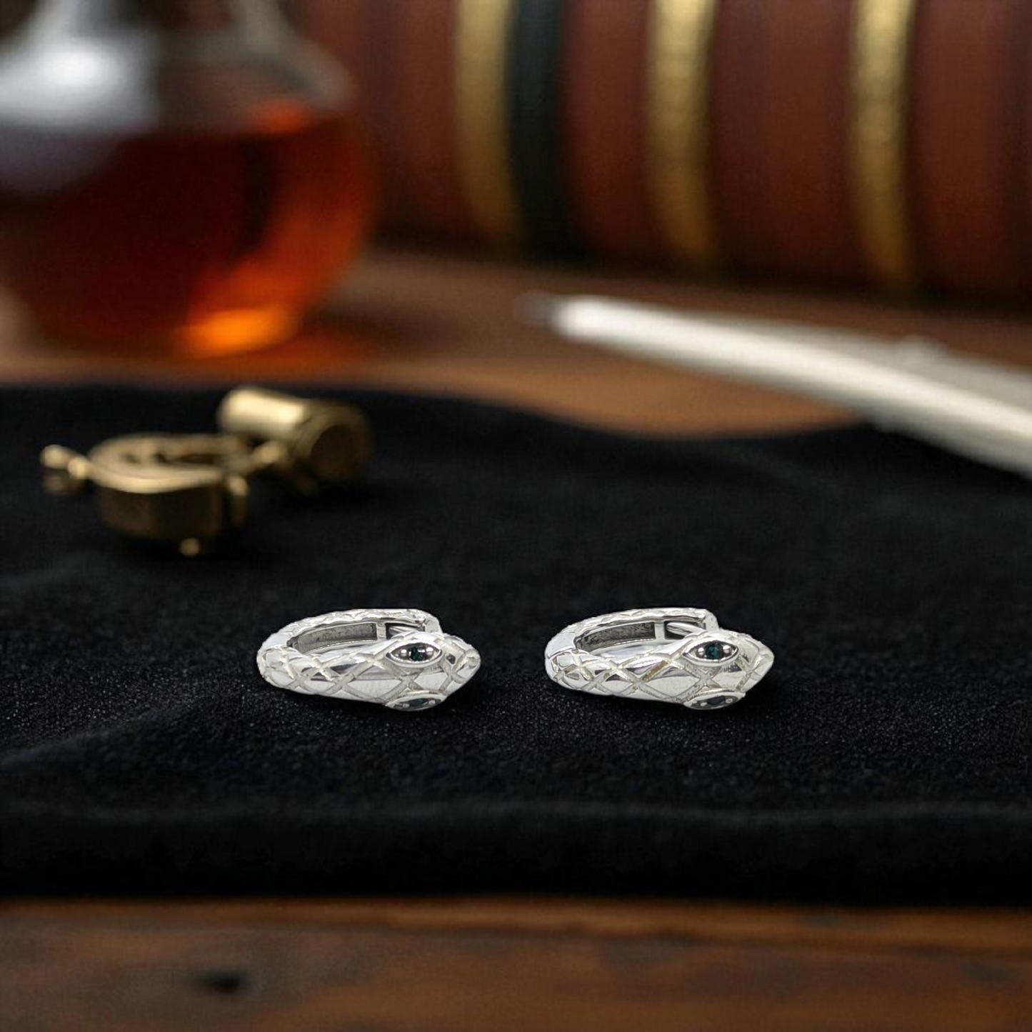 Serpent Silver Earring for Men – Fierce Design with Emerald Green Eye