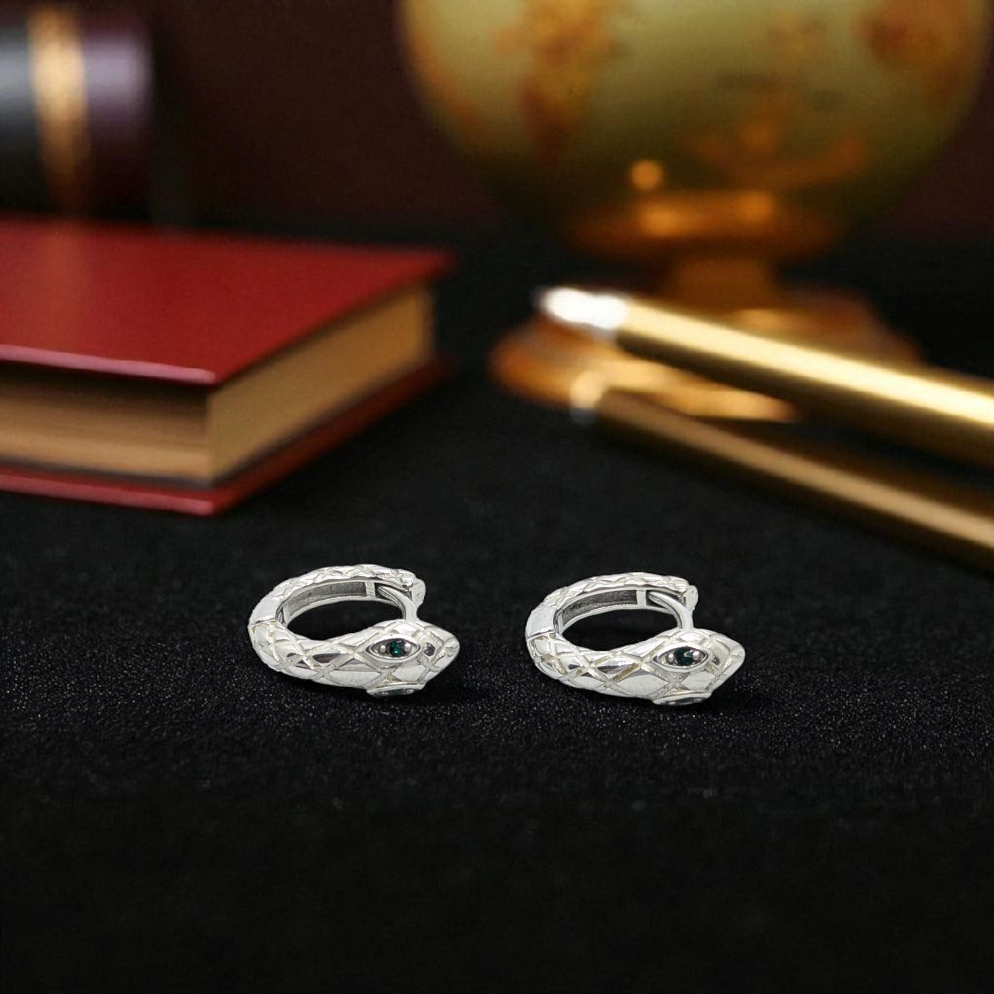 Serpent Silver Earring for Men – Fierce Design with Emerald Green Eye