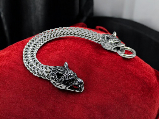 Oxidized Double Wolf Steel Bracelet - 23cm