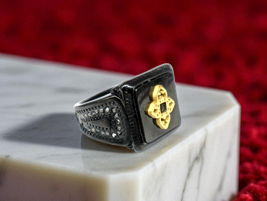 Black Onyx &amp; Golden Emblem Signet Ring
