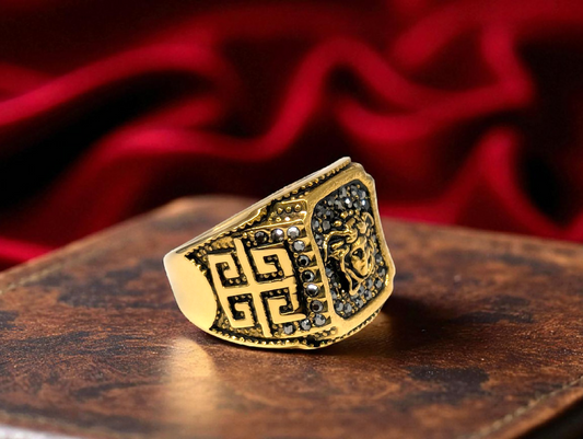 Gold Medusa Crest Statement Ring