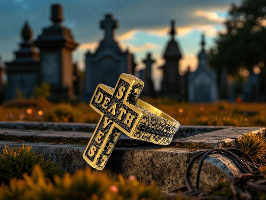 Gold Cross “Death Saves” Statement Ring