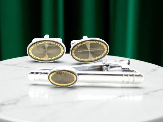 Elegant Beige Cufflink & Tiepin Set