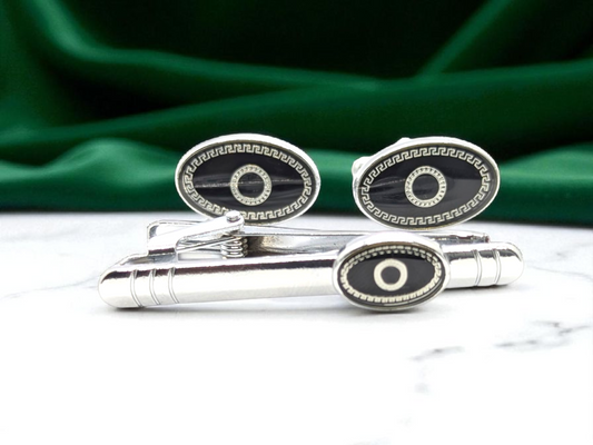 Silver Black Cufflink & Tiepin Set