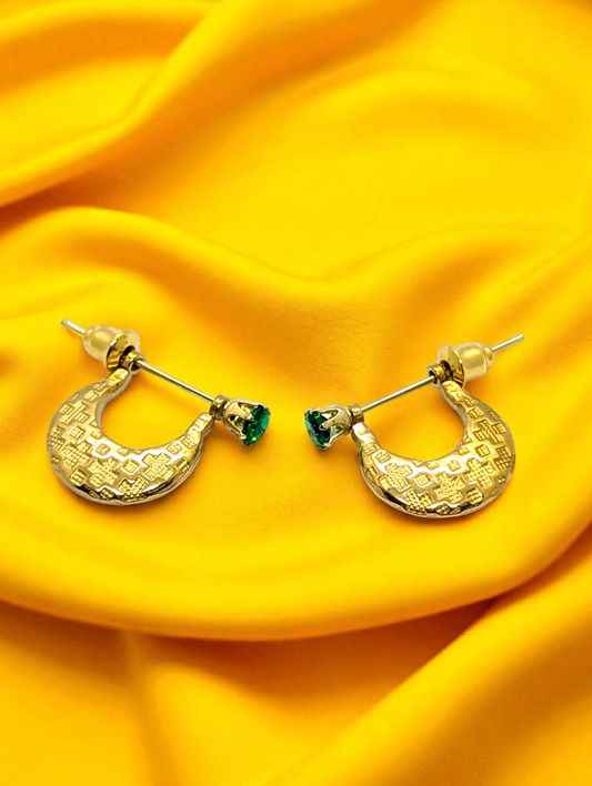 Men’s Gold-Toned Hoop Earrings with Green Stone Accent