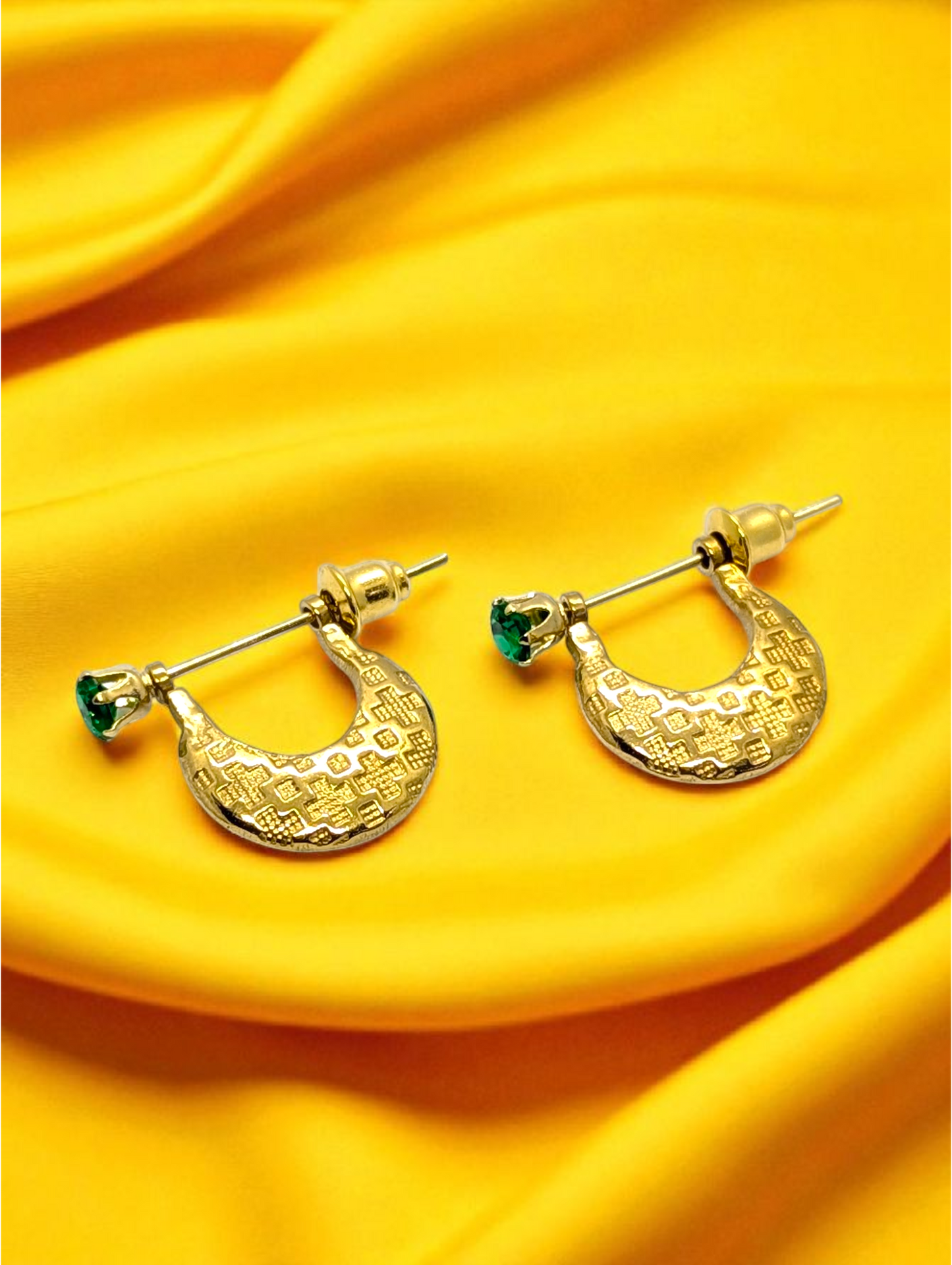 Men’s Gold-Toned Hoop Earrings with Green Stone Accent