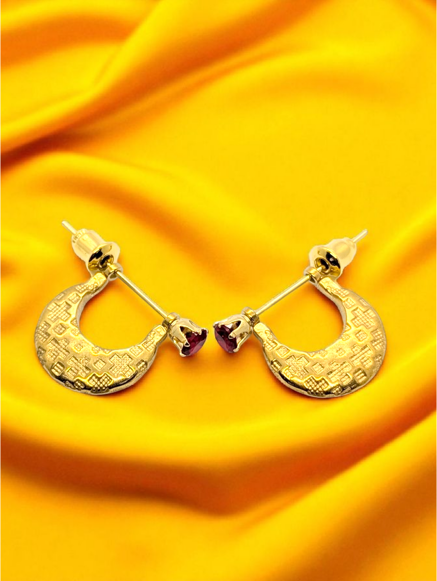 Men’s Gold-Toned Hoop Earrings with Red Stone Accent
