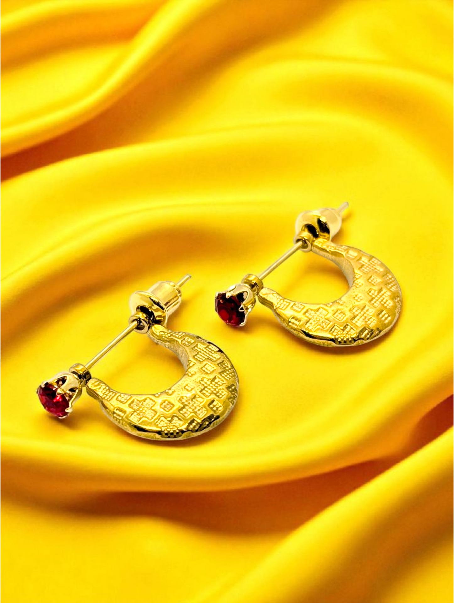 Men’s Gold-Toned Hoop Earrings with Red Stone Accent