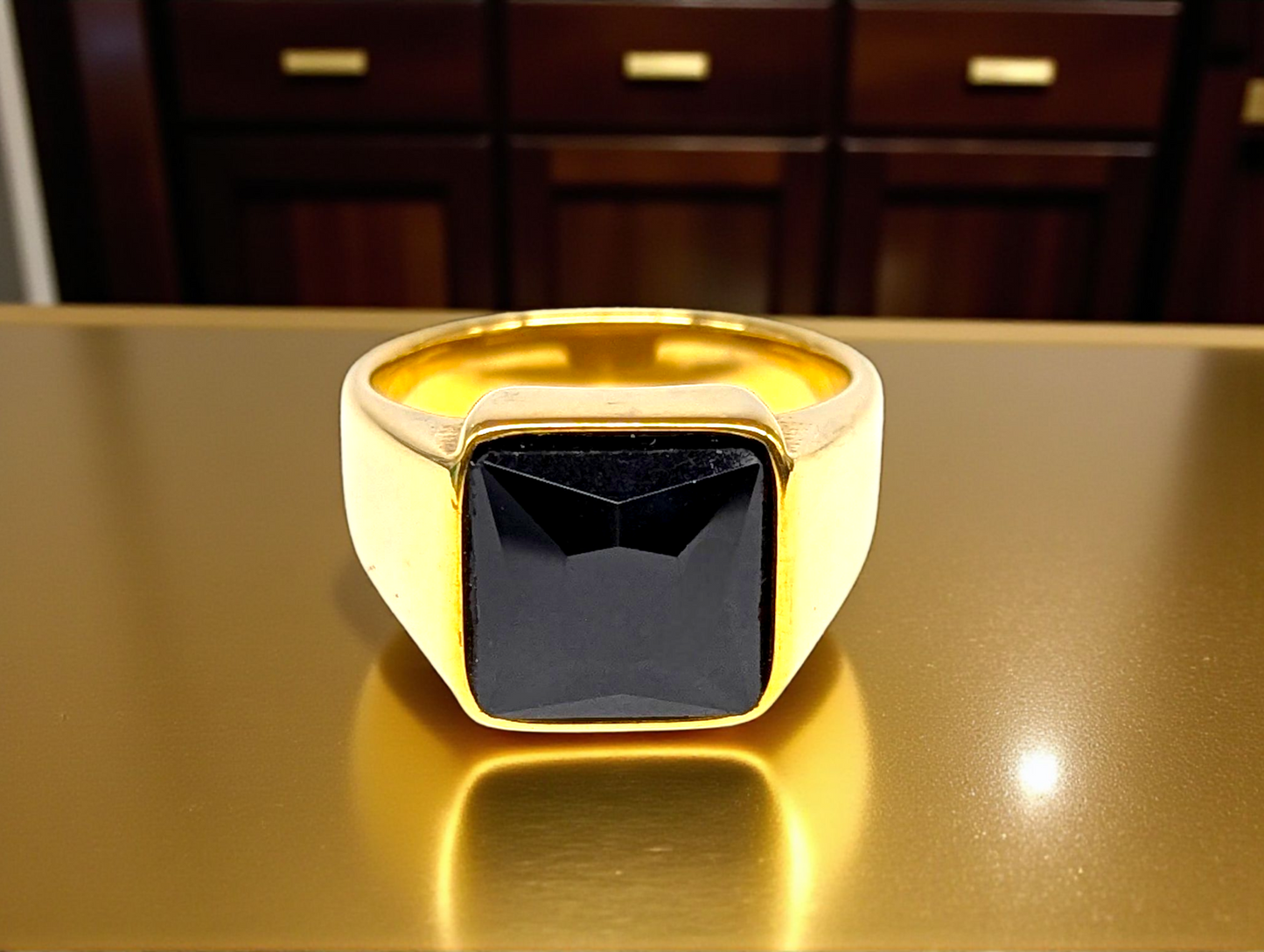 Gold-Tone Ring with Black Onyx-Style Stone