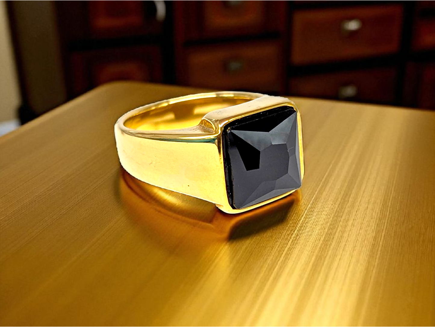 Gold-Tone Ring with Black Onyx-Style Stone