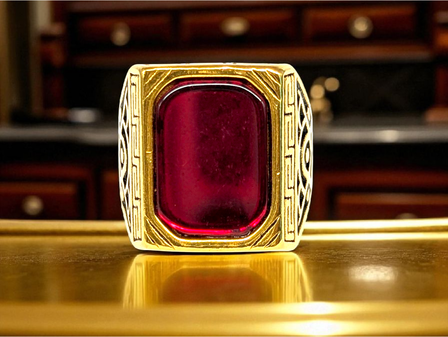 Premium Gold Ring with Red Gemstone – Elegant Men's Statement Jewelry