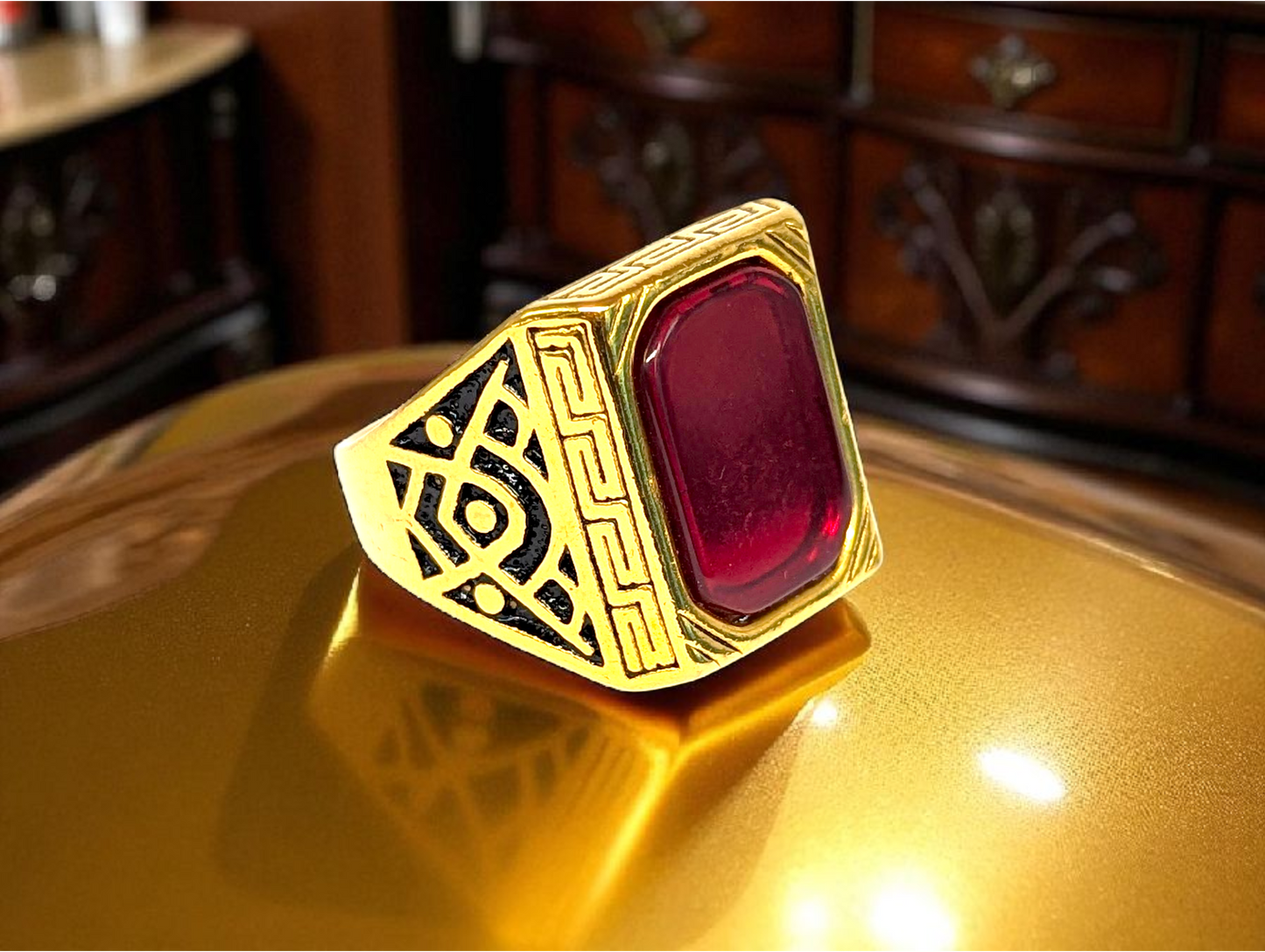 Premium Gold Ring with Red Gemstone – Elegant Men's Statement Jewelry