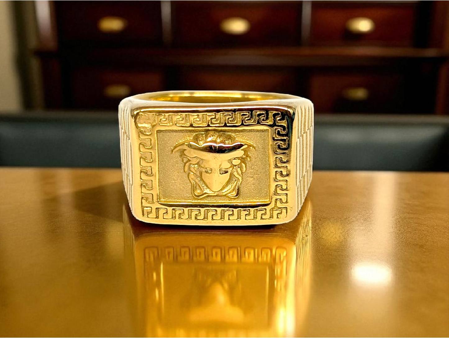 Gold Ring with Engraved Classical Head & Greek Key Design