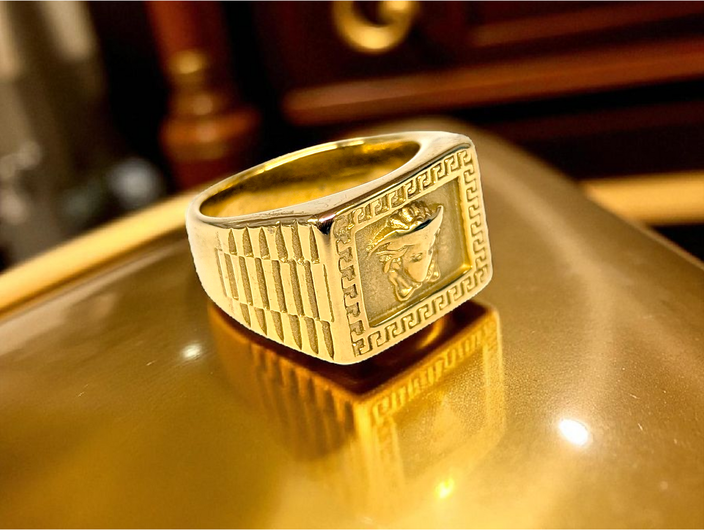 Gold Ring with Engraved Classical Head & Greek Key Design