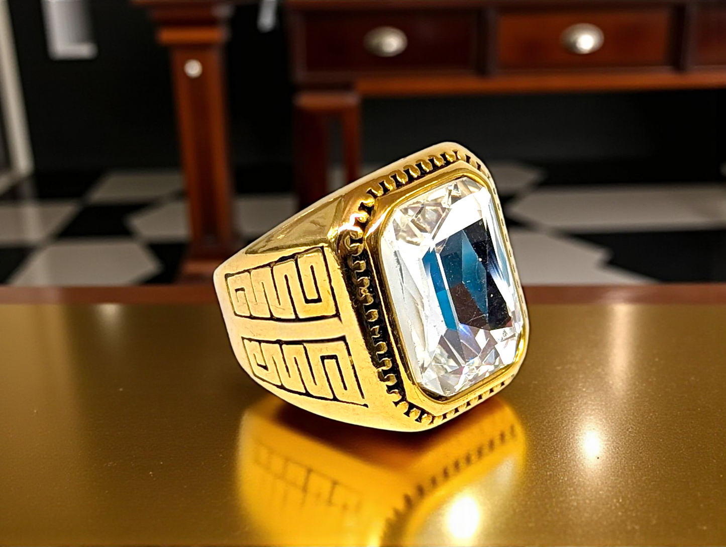 Majestic Maze: Gold Ring with Clear Gemstone & Geometric Engraving