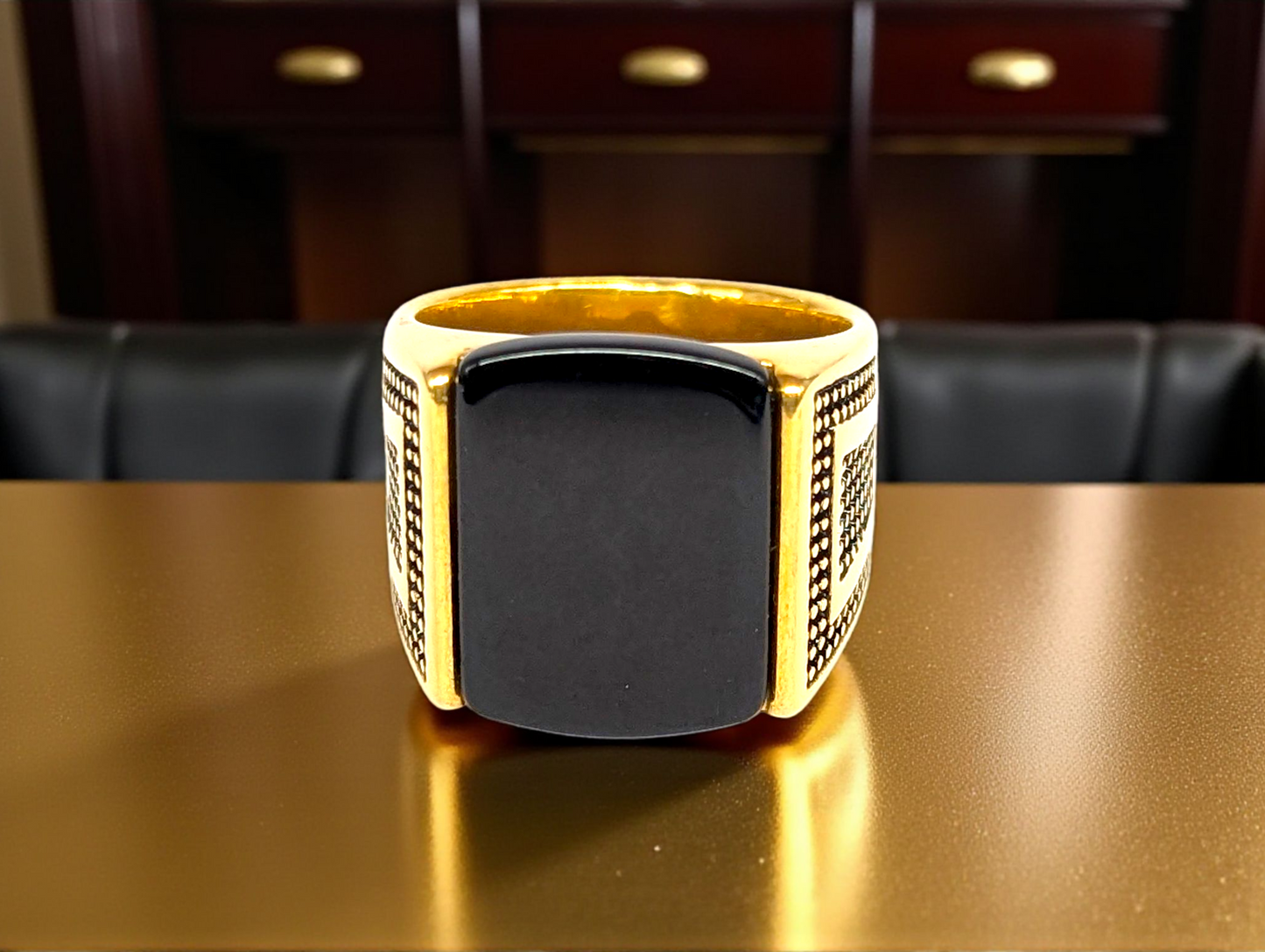 Bold Elegance: Gold Ring with Black Stone & Beaded Detailing