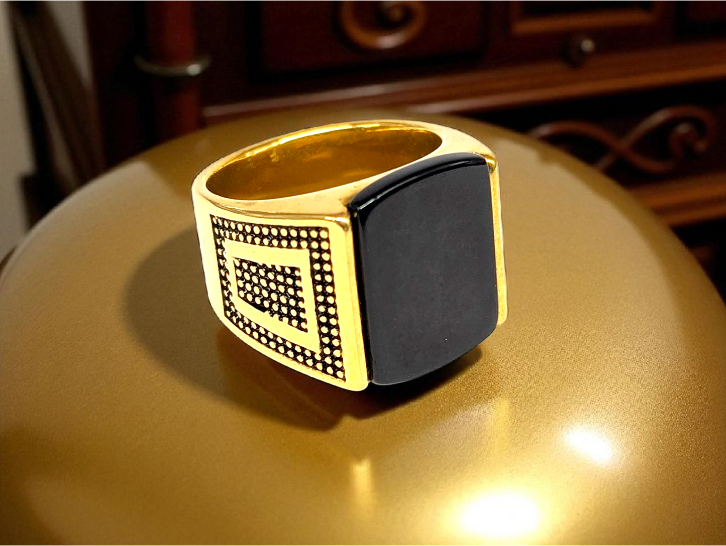 Bold Elegance: Gold Ring with Black Stone & Beaded Detailing