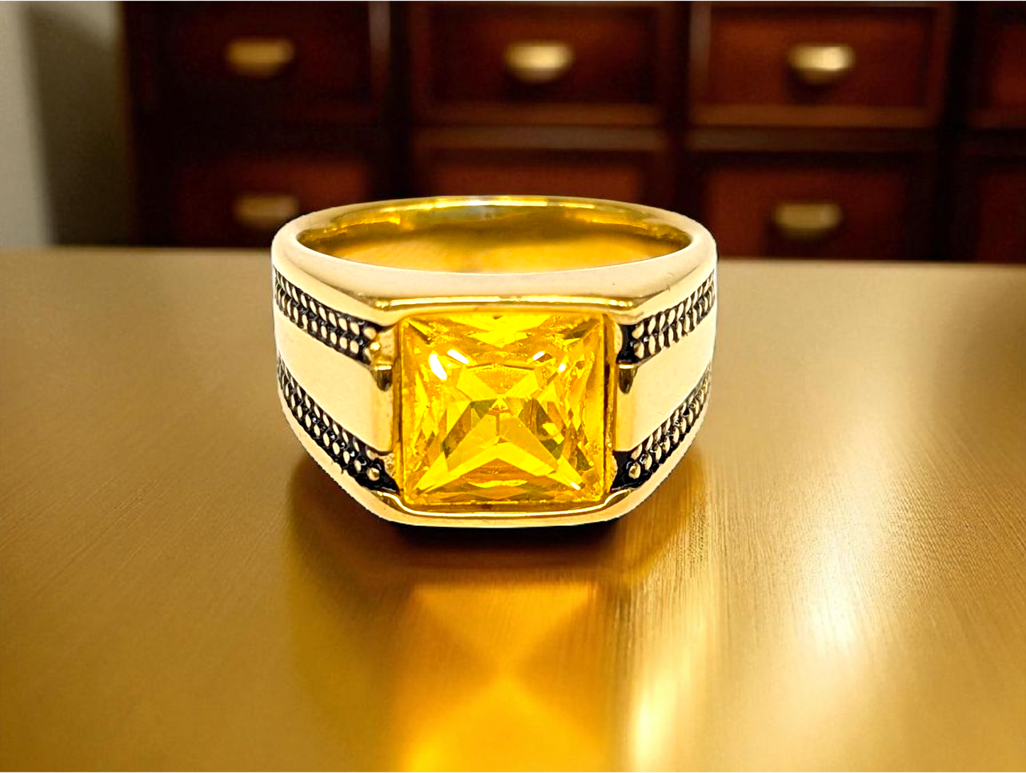 Solar Bold: Stainless Steel Ring with Yellow Gemstone & Black Accents